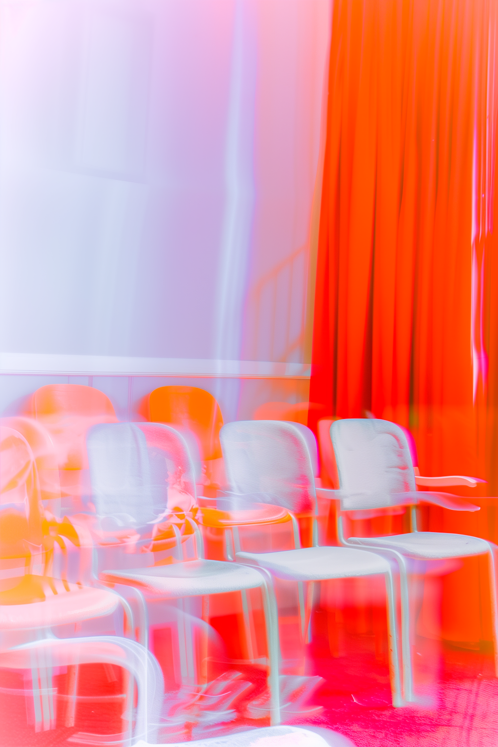 Rows of theatre seats blurred by motion in warm orange and violet light