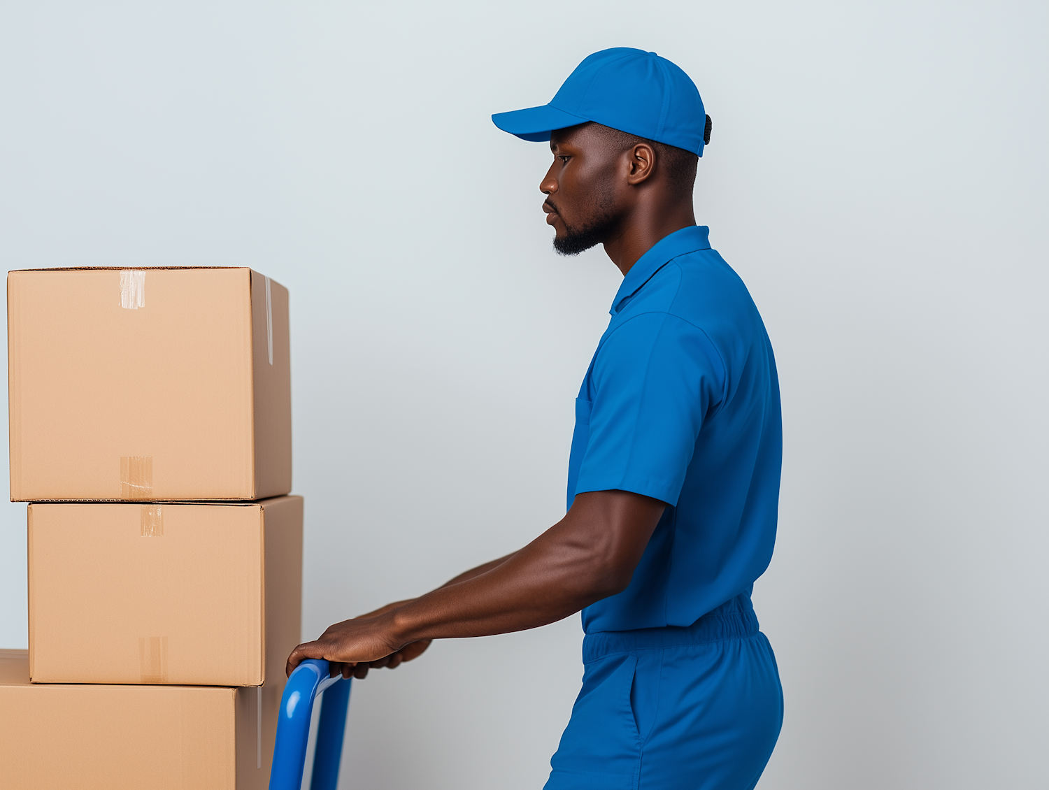 Delivery worker moving stacked cartons on a hand truck