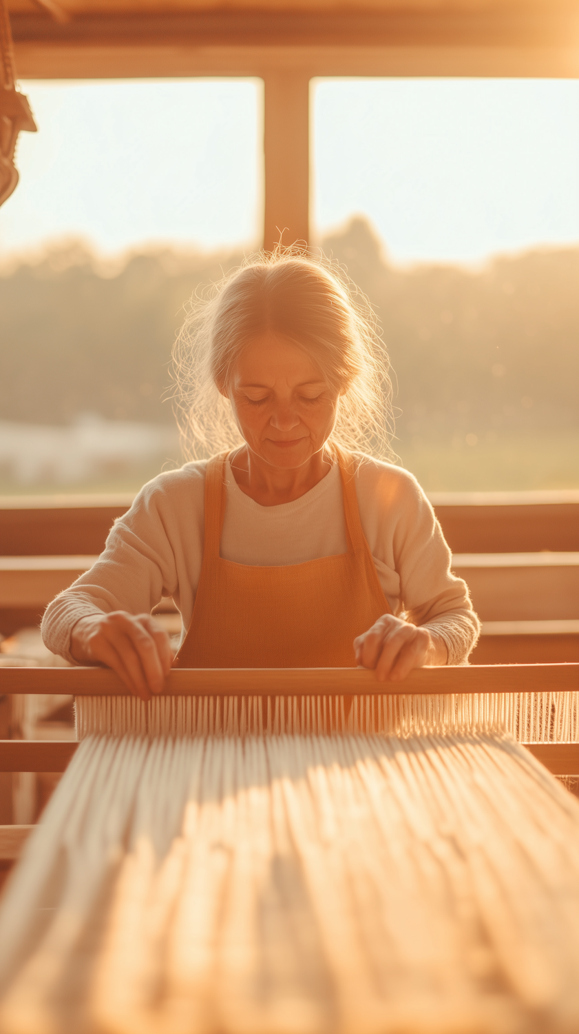 Weaver working at a loom in warm evening light